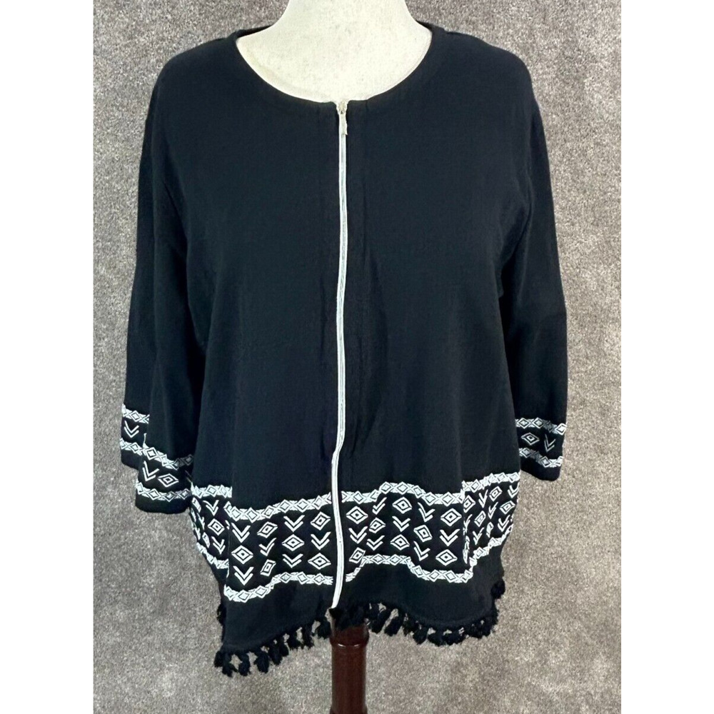 Onque Cardigan Womens 2X Black Embroidered Aztec Fringe Full Zip Boho Sweater